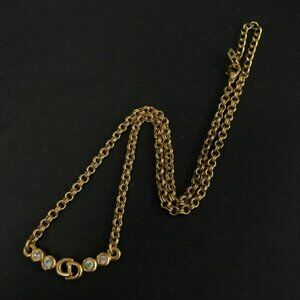 Christian Dior CD Logo Rhinestone Gold Tone Pendant Necklace 70-100225